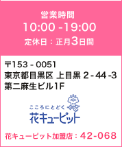 シアターアルファー営業時間 10：00-20：00　土日祝 10：00-19：00　〒153-0061 東京都目黒区中目黒1-4-18サングリア中目黒1F 花キューピット加盟店：42-068